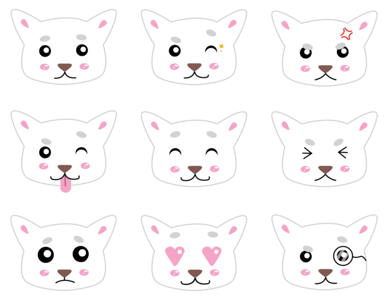 Nine dogs faces arranged in a 3x3 grid. Each dog has white fur, grey eyebrows, a brown nose, pink ears, and pink blush. The eyes and blush are highlighted with white circles. All the dogs have black eyes, except the one on the third row, second column which has heart eyes. The dog in the upper right-hand corner has a resting expression, the next one is winking with little gold stars around it, and the last one on this row is angry, with its brows furrowed and red lines on its head. The first dog on the next row is winking with its tongue sticking out, the next one has happy expression with it's eyes closed and eyebrows raised, the last one has a worried expression with its eyes closed, frowning, and eyebrows tilted downwards. On the last row the first dog is giving "puppy dog eyes"--its eyes are big and raising its eyebrows, the next dog has heart eyes, and the last dog is inquisitive, raising one eyebrow and wearing a monocle.