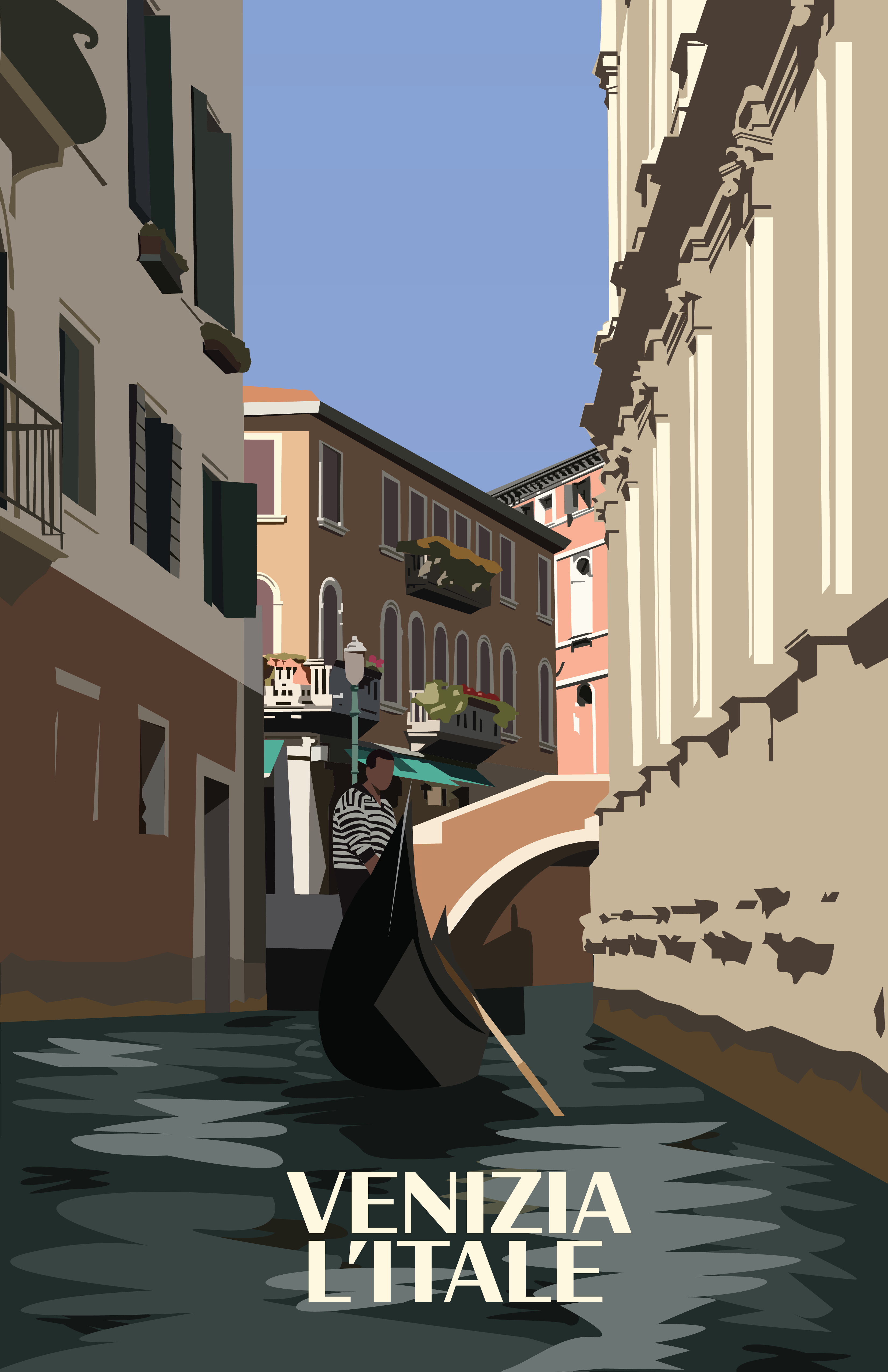 There is a Venice Canal, portraying the canal surrounded by buildings and bridges. In the front there is a gondolier navigating a gondola. Bellow him there is text that reads "Venizia L'Itale"..