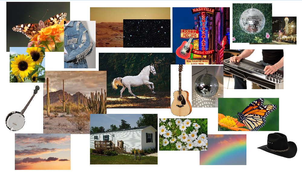 A moodboard for Kacey Musgraves with different animals, environments, and objects that could be incorporated into the design.